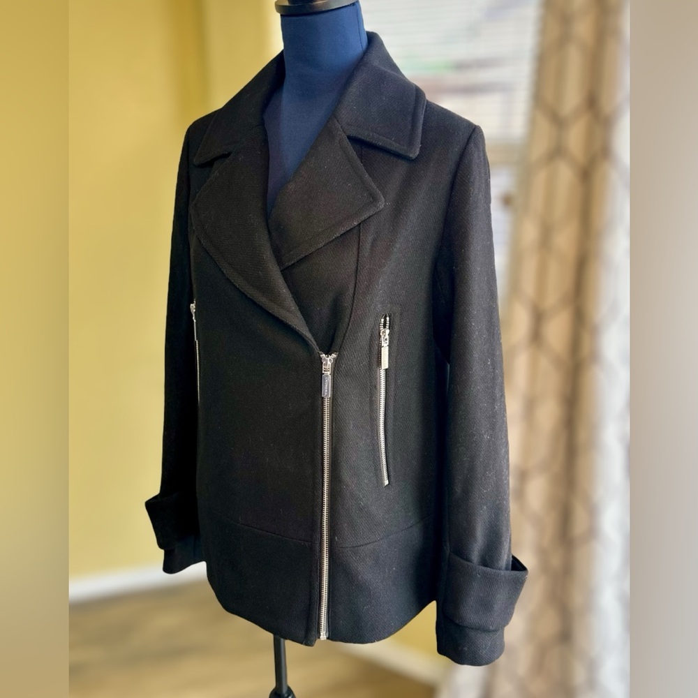 Laundry by Shelli Segal Womens Black Wool Blend Short Motorcycle Jacket Coat EUC
